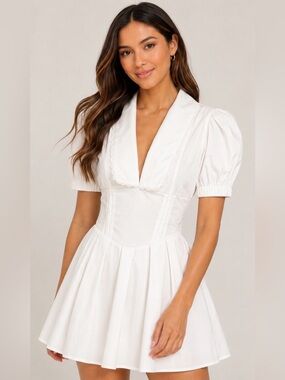Grand Street Studios White Puff Sleeve Pleated Mini Dress M NWT